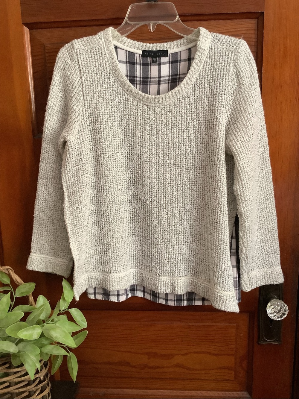 Anthropologie Sanctuary Light Gray Plaid Layered Pullover Sweater Small Wool Bld